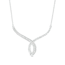 1.00 CT. T.W. Baguette and Round Diamond Twisted Curve Necklace in 10K White Gold