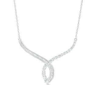 1.00 CT. T.W. Baguette and Round Diamond Twisted Curve Necklace in 10K Gold