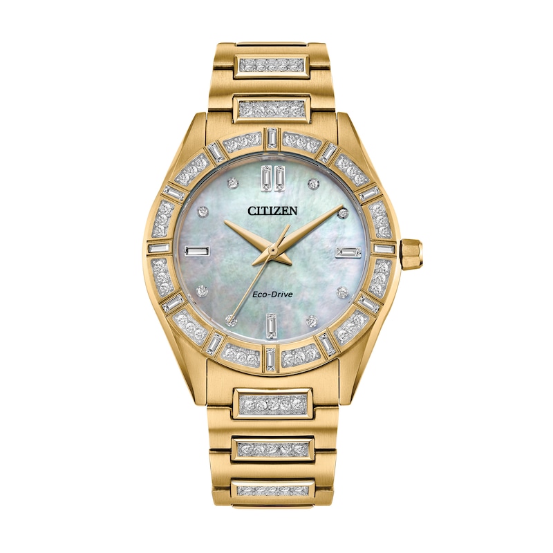 Ladies' Citizen Eco-Drive® Crystal Gold-Tone Watch with Mother-of-Pearl Dial (Model: EM1022-51D)|Peoples Jewellers