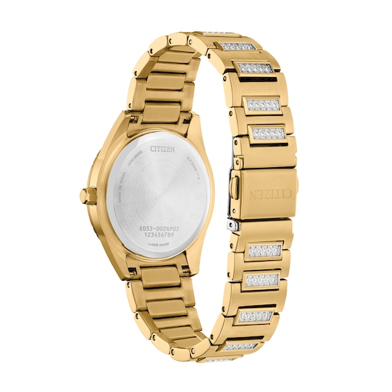 Ladies' Citizen Eco-Drive® Crystal Gold-Tone Watch with Mother-of-Pearl Dial (Model: EM1022-51D)