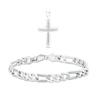 Men's 0.31 CT. T.W. Diamond Cross Necklace Charm and Bracelet Set in Sterling Silver – 8.5"