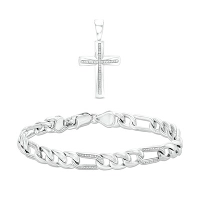 Men's 0.31 CT. T.W. Diamond Cross Necklace Charm and Bracelet Set in Sterling Silver – 8.5"