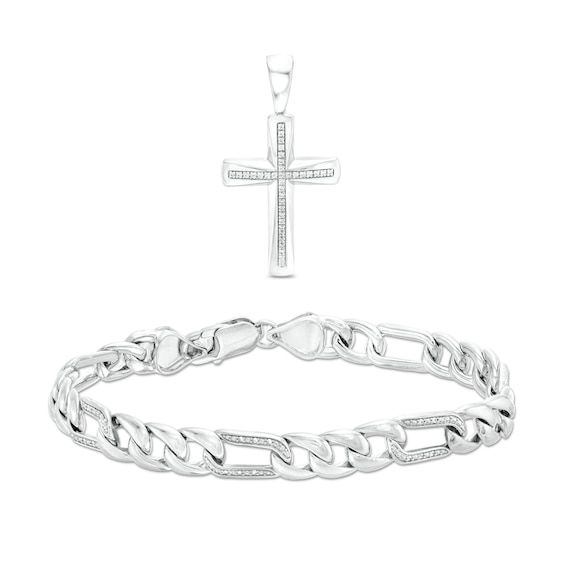 Men's 0.31 CT. T.W. Diamond Cross Necklace Charm and Bracelet Set in Sterling Silver – 8.5"