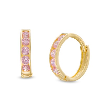 Child's Pink Cubic Zirconia Five Stone Huggie Hoop Earrings in 14K Gold