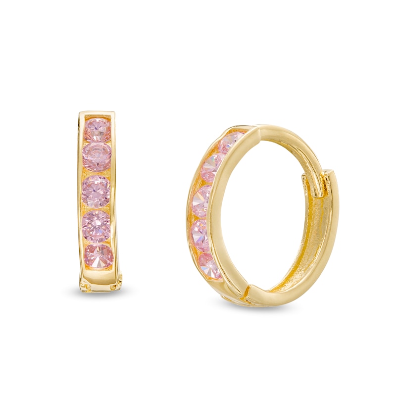 Child's Pink Cubic Zirconia Five Stone Huggie Hoop Earrings in 14K Gold|Peoples Jewellers