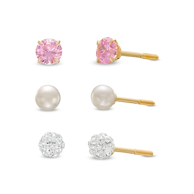 Child's Freshwater Cultured Pearl and Multi-Colour Cubic Zirconia Three Piece Stud Earrings Set in 14K Gold