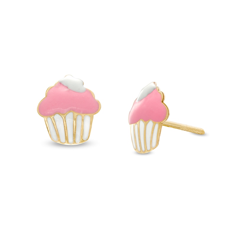 Child's Pink and White Enamel Cupcake Stud Earrings in 14K Gold|Peoples Jewellers