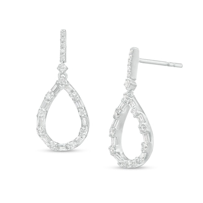 0.32 CT. T.W. Baguette and Round Diamond Teardrop-Shaped Outline Drop Earrings in 10K White Gold