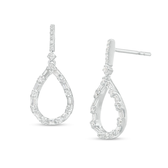 0.32 CT. T.W. Baguette and Round Diamond Teardrop-Shaped Outline Drop Earrings in 10K White Gold