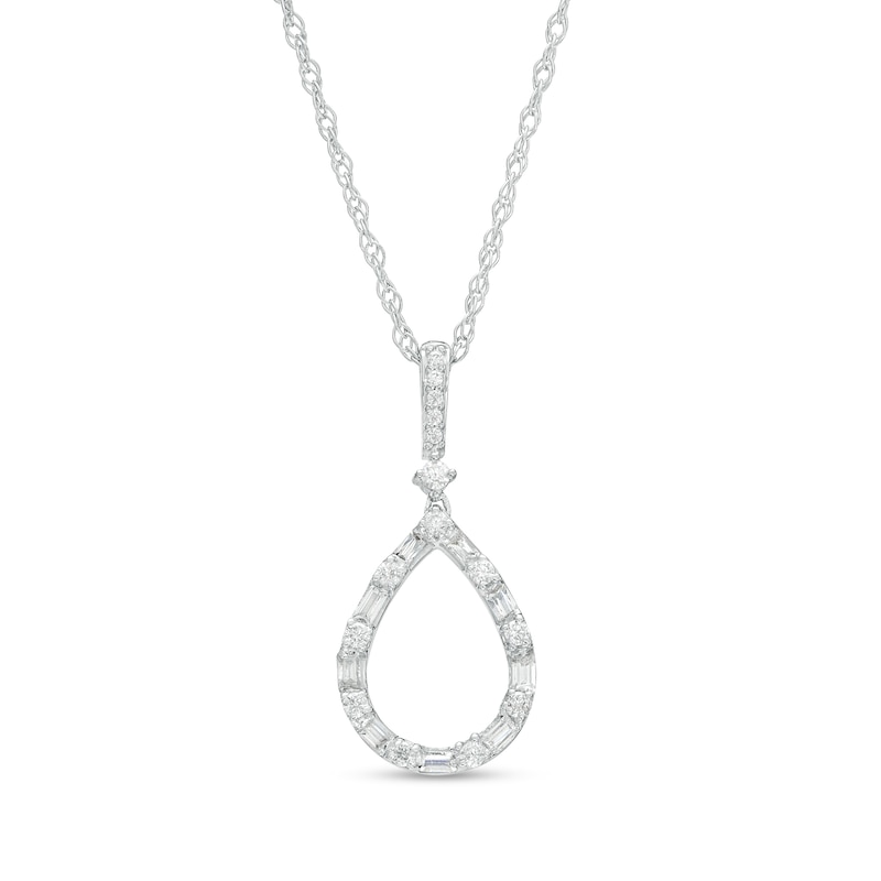 0.20 CT. T.W. Baguette and Round Diamond Pear-Shaped Outline Pendant in 10K White Gold|Peoples Jewellers
