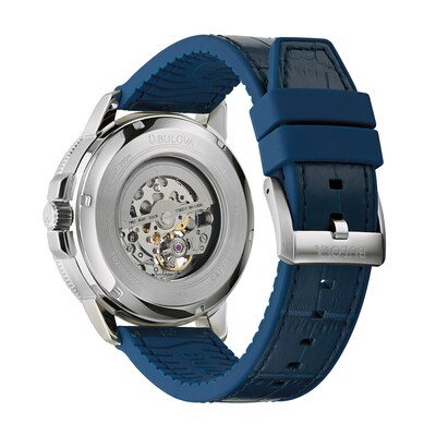 Men's Bulova Marine Star Automatic Leather Strap Watch with Blue Skeleton Dial (Model: 96A291)