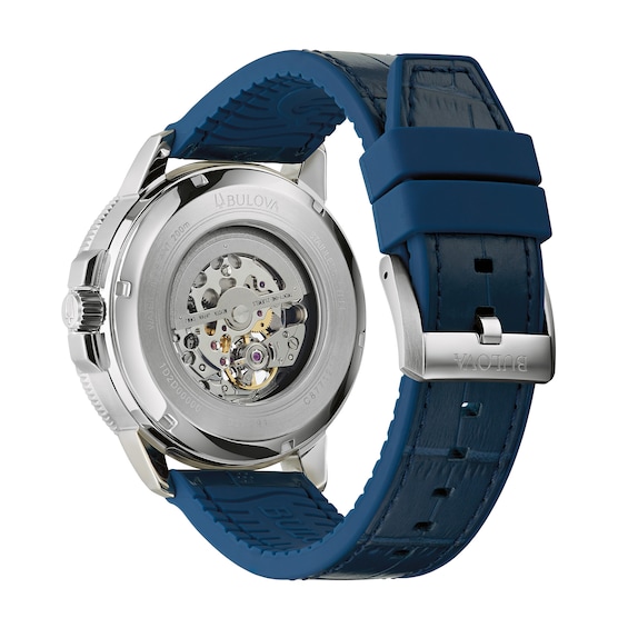 Men's Bulova Marine Star Automatic Leather Strap Watch with Blue Skeleton Dial (Model: 96A291)