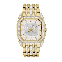 Men's Bulova Octava Crystal Gold-Tone Watch with Octagonal White Dial (Model: 98A295)