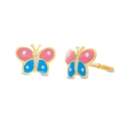 Child's Pink, Blue and White Enamel Butterfly Stud Earrings in 14K Gold