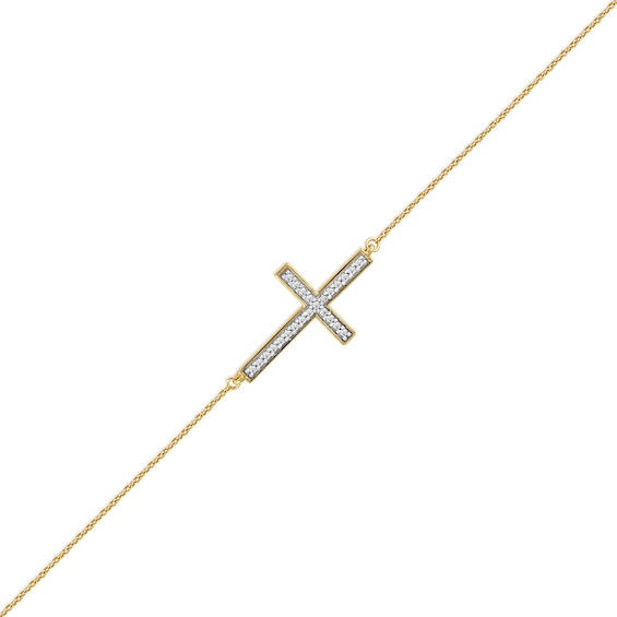 0.12 CT. T.W. Diamond Sideways Cross Bracelet in 10K Gold - 7.25"