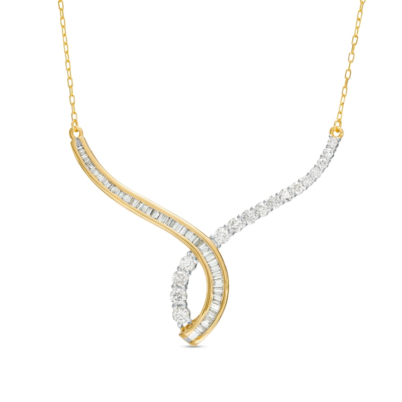 1.00 CT. T.W. Baguette and Round Diamond Twisted Curve Necklace in 10K Gold
