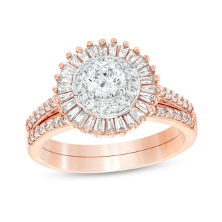 0.95 CT. T.W. Baguette and Round Diamond Double Frame Bridal Set in 10K Rose Gold