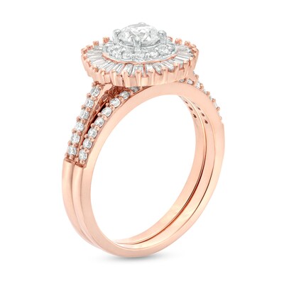 0.95 CT. T.W. Baguette and Round Diamond Double Frame Bridal Set in 10K Rose Gold