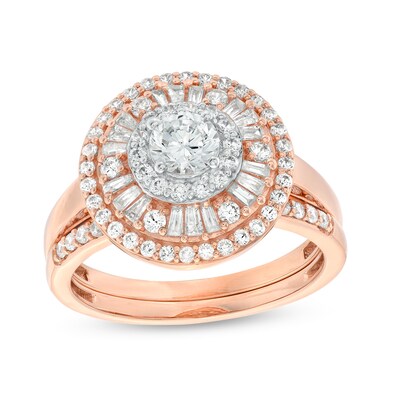 0.95 CT. T.W. Baguette and Round Diamond Triple Frame Bridal Set in 10K Rose Gold