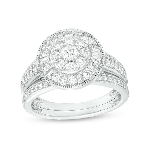 0.95 CT. T.W. Multi-Diamond Alternating Baguette and Round Frame Bridal Set in 10K Gold