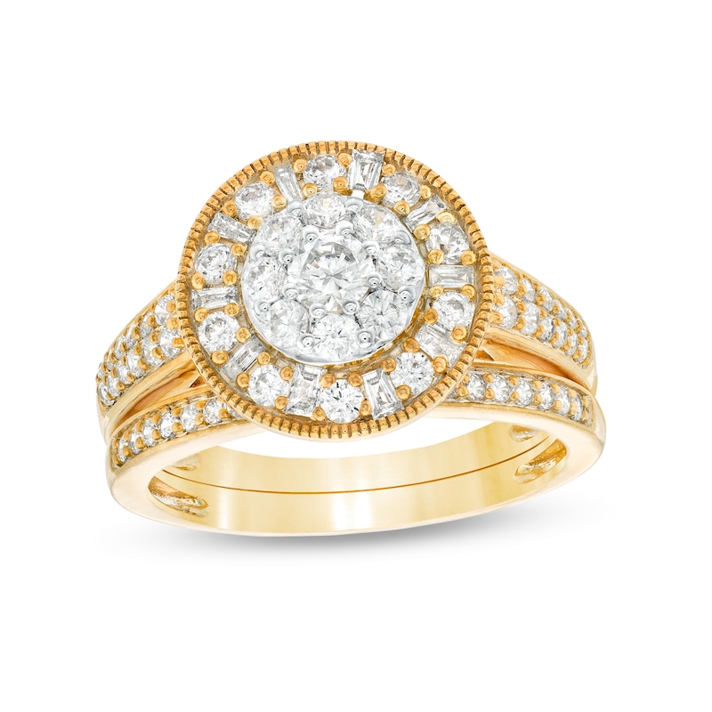 0.95 CT. T.W. Multi-Diamond Alternating Baguette and Round Frame Bridal Set in 10K Gold