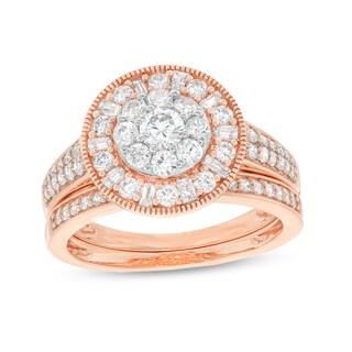 0.95 CT. T.W. Multi-Diamond Alternating Baguette and Round Frame Bridal Set in 10K Rose Gold