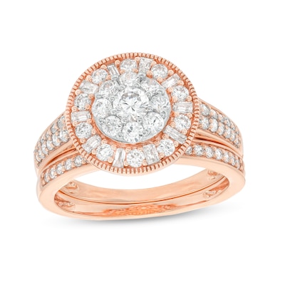 0.95 CT. T.W. Multi-Diamond Alternating Baguette and Round Frame Bridal Set in 10K Rose Gold