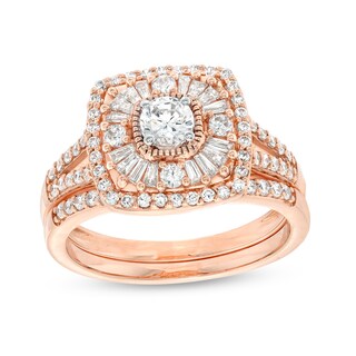 0.95 CT. T.W. Diamond Baguette and Round Double Cushion Frame Split Shank Bridal Set in 10K Rose Gold