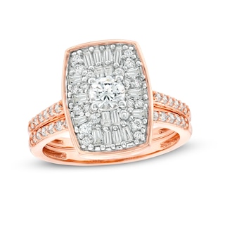 0.95 CT. T.W. Emerald-Shaped Multi-Diamond Bridal Set in 10K Rose Gold