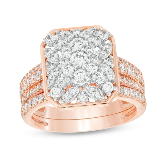 0.95 CT. T.W. Octagonal Multi-Diamond Triple Row Shank Graduated Bridal Set in 10K Rose Gold