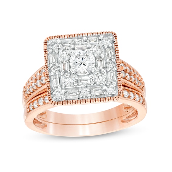 0.95 CT. T.W. Square-Shaped Multi-Diamond Bridal Set in 10K Rose Gold