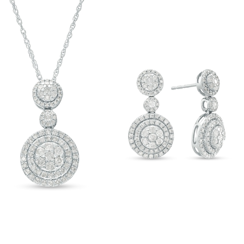 1.69 CT. T.W. Multi-Diamond Double Frame Pendant and Drop Earrings Set in 10K White Gold|Peoples Jewellers