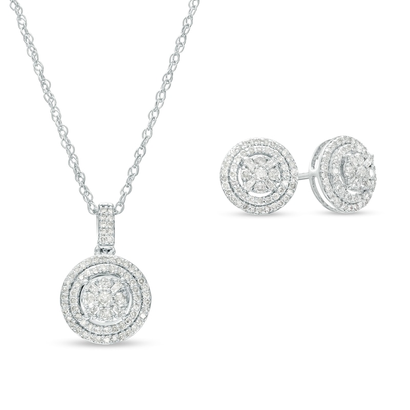 0.61 CT. T.W. Multi-Diamond Double Frame Pendant and Stud Earrings Set in 10K White Gold |Peoples Jewellers