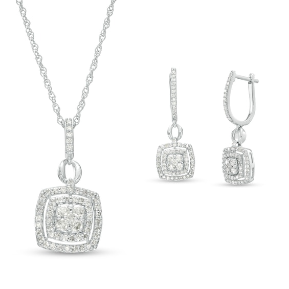 1.23 CT. T.W. Cushion-Shaped Multi-Diamond Frame Pendant and Drop Earrings Set in 10K White Gold