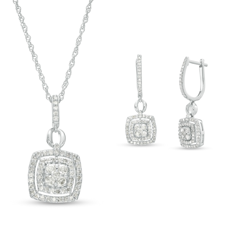 1.23 CT. T.W. Cushion-Shaped Multi-Diamond Frame Pendant and Drop Earrings Set in 10K White Gold|Peoples Jewellers