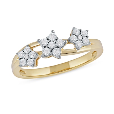 0.08 CT. T.W. Diamond Triple Flower Split Shank Ring in Sterling Silver with 14K Gold Plate