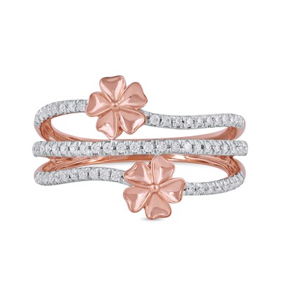 0.33 CT. T.W. Diamond Double Flower Triple Row Ring in 10K Rose Gold