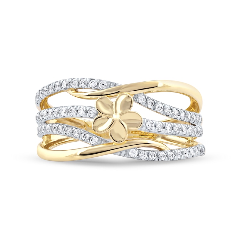 Main Image 3 of 0.33 CT. T.W. Diamond Flower Multi-Row Open Shank Crossover Ring in 10K Gold