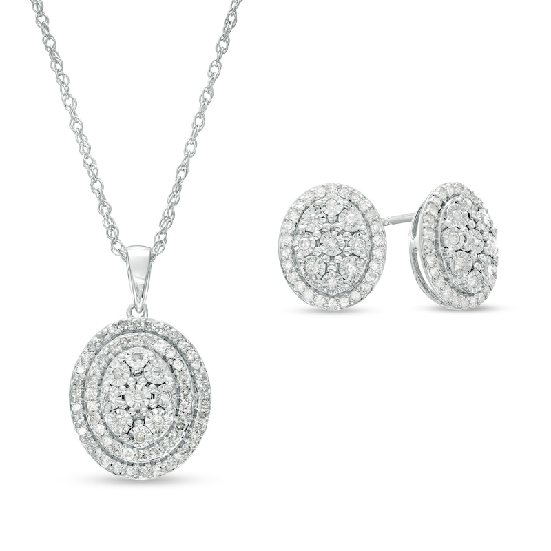 0.69 CT. T.W. Oval Multi-Diamond Double Frame Pendant and Stud Earrings Set in 10K White Gold|Peoples Jewellers