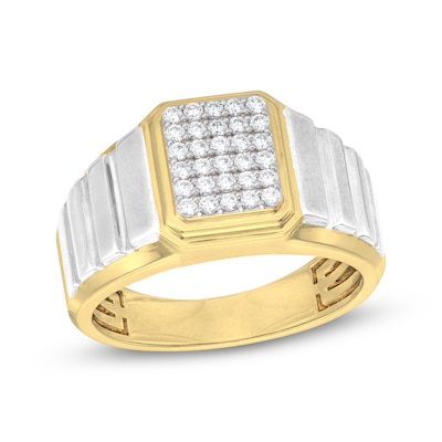 Men's 0.30 CT. T.W. Rectangular-Shaped Multi-Diamond Ribbed Shank Ring in 10K Two-Tone Gold