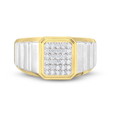 Men's 0.30 CT. T.W. Rectangular-Shaped Multi-Diamond Ribbed Shank Ring in 10K Two-Tone Gold