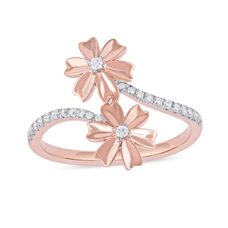 0.15 CT. T.W. Diamond Double Flower Bypass Ring in Sterling Silver with 14K Rose Gold Plate