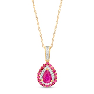 Pear-Shaped Ruby, Pink Sapphire and 0.07 CT. T.W. Diamond Double Frame Pendant in 10K Gold