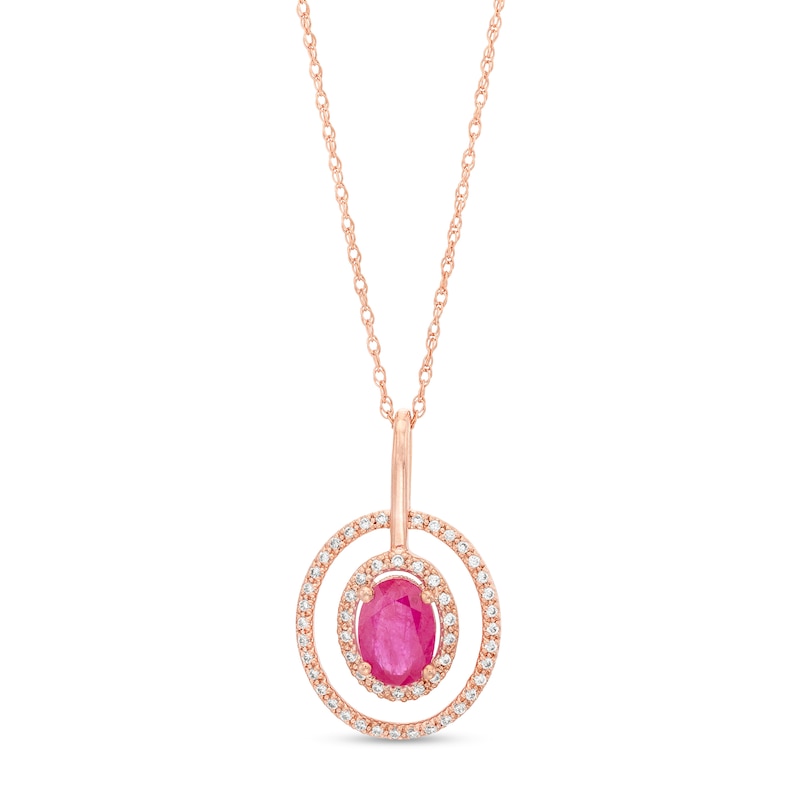 Oval Ruby and 0.15 CT. T.W. Diamond Double Open Frame Pendant in 10K Rose Gold|Peoples Jewellers