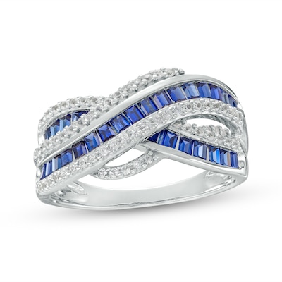 Baguette Ceylon Blue and White Lab-Created Sapphire Crossover Multi-Row Band in 10K White Gold