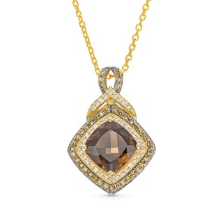 Cushion-Cut Smoky Quartz and 0.29 CT. T.W. Champagne and White Diamond Double Frame Pendant in 10K Two-Tone Gold