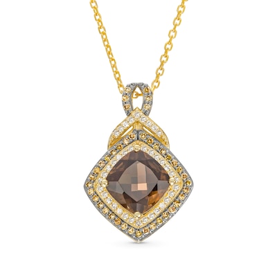 Cushion-Cut Smoky Quartz and 0.29 CT. T.W. Champagne and White Diamond Double Frame Pendant in 10K Two-Tone Gold