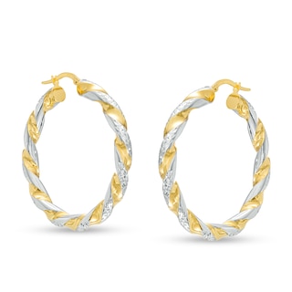 Italian Brilliance™ 30.0mm Diamond-Cut Twisted Tube Hoop Earrings in 14K Two-Tone Gold