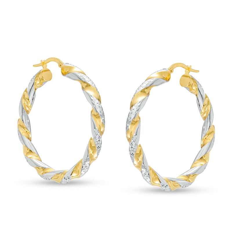 Italian Brilliance™ 30.0mm Diamond-Cut Twisted Tube Hoop Earrings in 14K Two-Tone Gold|Peoples Jewellers