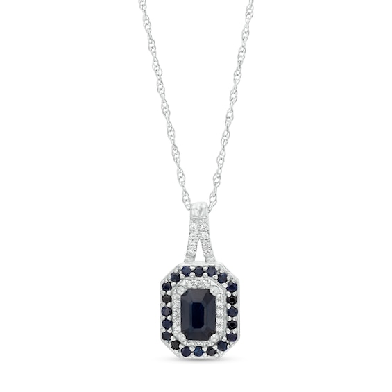 Emerald-Cut Blue Sapphire and 0.07 CT. T.W. Diamond Double Frame Split Bail Pendant in 10K White Gold